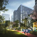 Modern High Rise Residential Building With Green Surroundings Trees Lawns And Children's Playground