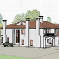 Classical Detached Villa White Exterior Red Tile Roof Arched Windows And Vintage Truck
