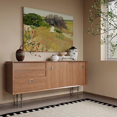 Wooden Console Sideboard Cabinet Interior With Decorative Vase Plates And Wall Painting 3d model