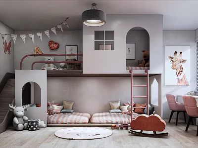 Cozy Kids Room Interior With Bunk Bed Stuffed Animals And Cloud Rocking Chair 3d model