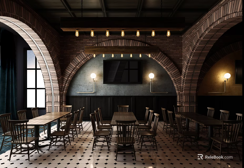 Stylish Bar Interior With Arched Brick Walls Pendant Lights And Checkered Floor Design 3d model 