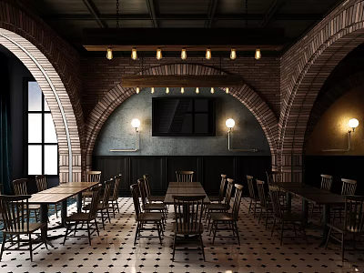 Stylish Bar Interior With Arched Brick Walls Pendant Lights And Checkered Floor Design 3d model