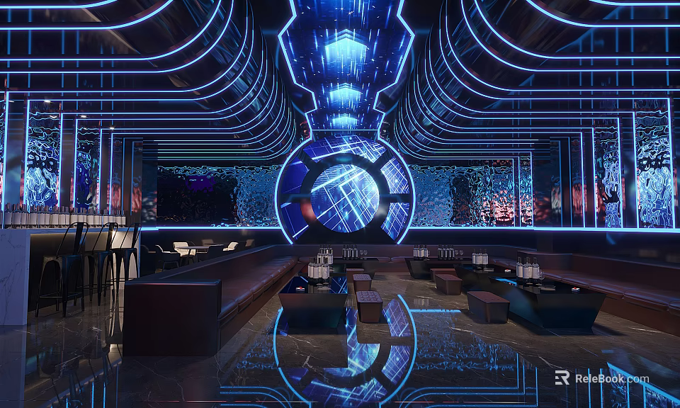 Modern KTV Interior Design With Neon Lights Sofa Seating And LED Screens 3d model 