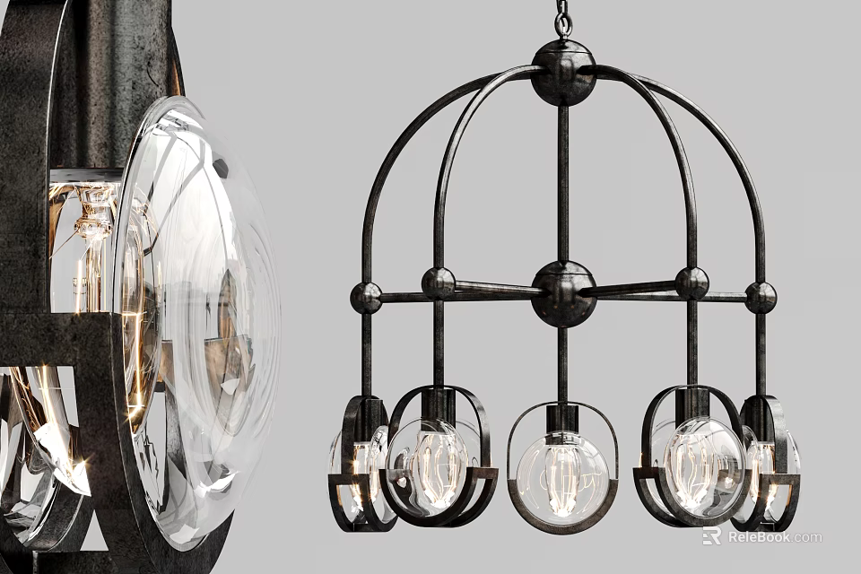 Modern Black Metal Circular Frame Chandelier With Clear Glass Globe Lights Design 3d model 