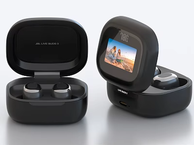 JBL LIVE BUDS 3 Wireless Earbuds With Black Open Closed Charging Case And Digital Screen 3d model