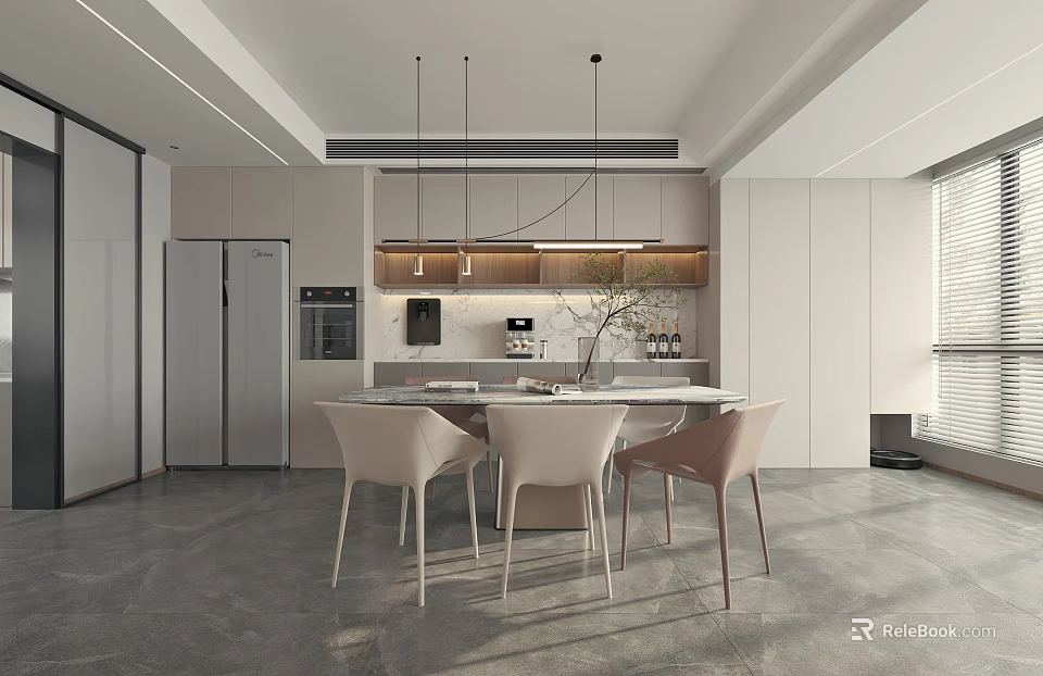 Modern Restaurant Interior With Open Layout Dining Table Chairs And Pendant Lights 3d model