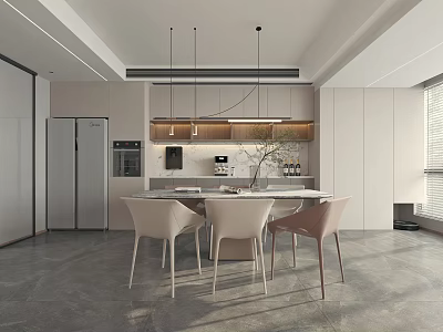 Modern Restaurant Interior With Open Layout Dining Table Chairs And Pendant Lights 3d model
