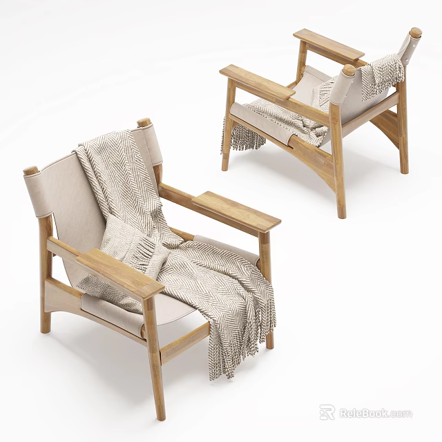 Simple Modern Wooden Frame Leisure Chairs With Beige Cushions And Knitted Throw Blanket 3d model 