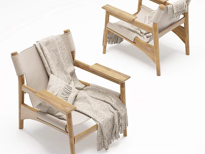 Simple Modern Wooden Frame Leisure Chairs With Beige Cushions And Knitted Throw Blanket 3d model