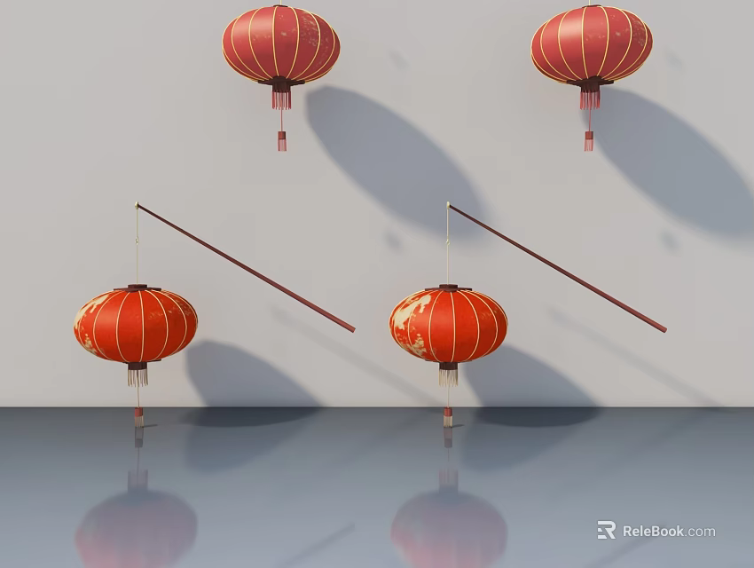 Red Lantern Decorated Swing Door With White Background And Reflections 3d model 