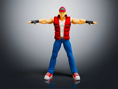 Character in Red Vest Blue Jeans Red Sneakers with Red Green Hat and Arms Outstretched 3d model