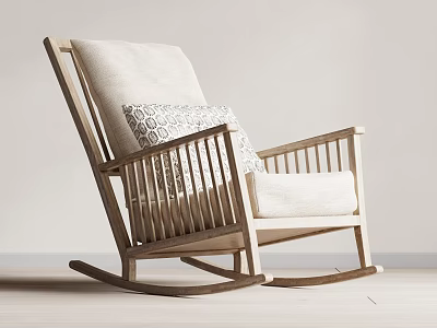 Natural Wooden Rocking Chair With Beige Cushion And Geometric Pattern Pillow 3d model