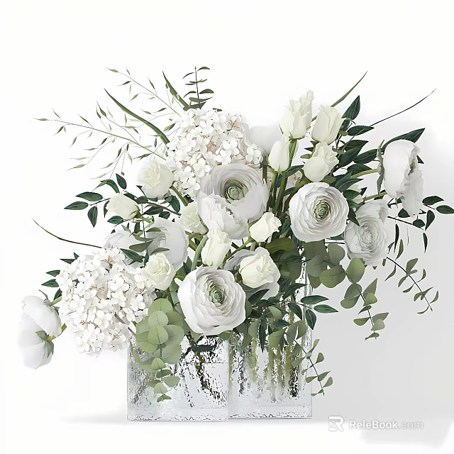White Roses Hydrangeas With Green Eucalyptus Branches In Transparent Vase Arrangement 3d model 