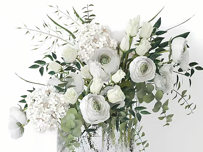 White Roses Hydrangeas With Green Eucalyptus Branches In Transparent Vase Arrangement 3d model
