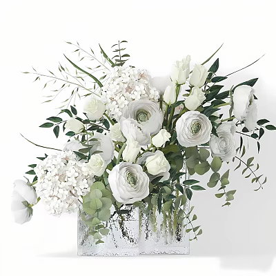 White Roses Hydrangeas With Green Eucalyptus Branches In Transparent Vase Arrangement 3d model