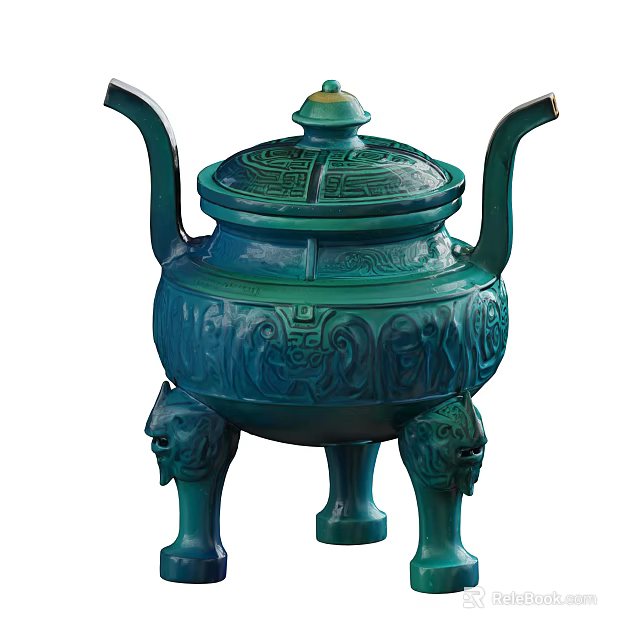 Traditional Teal Ceramic Vessel With Lid Carved Patterns Double Handles And Animal Head Feet 3d model 