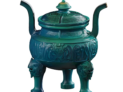 Traditional Teal Ceramic Vessel With Lid Carved Patterns Double Handles And Animal Head Feet 3d model