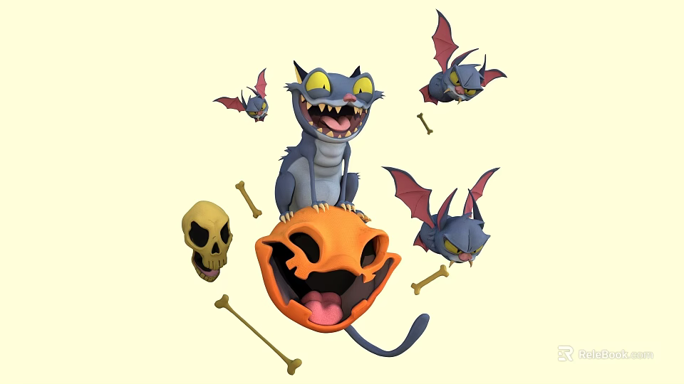 Spooky Blue Monster Sculpture Featuring Bats Skull Pumpkin Lantern and Bones for Halloween 3d model 
