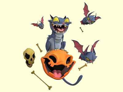 Spooky Blue Monster Sculpture Featuring Bats Skull Pumpkin Lantern and Bones for Halloween 3d model