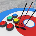 Curling Sports Equipment With Colored Stones Brushes And Ice Rink Target Area