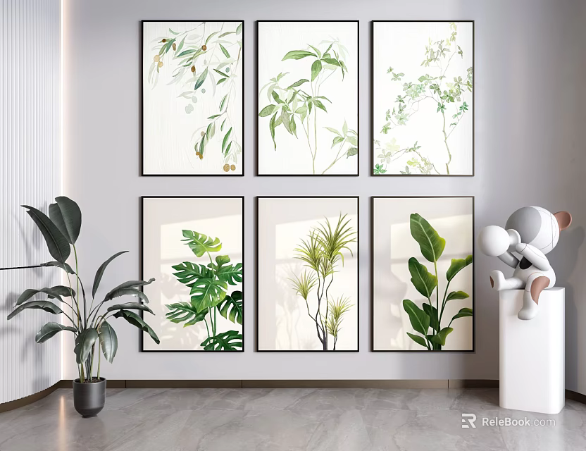 Multiple Framed Botanical Paintings Wall Art for Modern Interior with Green Plant Decor 3d model 