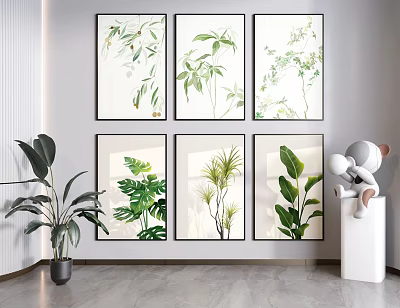Multiple Framed Botanical Paintings Wall Art for Modern Interior with Green Plant Decor 3d model