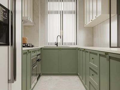 Modern Kitchen Interior Design With Green Cabinets White Countertops And Window Blinds 3d model