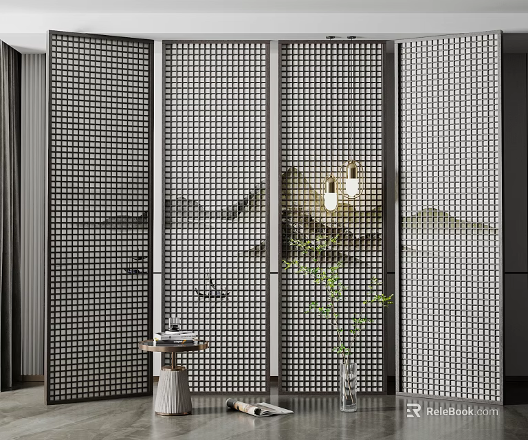 Modern Lattice Room Divider With Landscape Background And Side Plant Table Lamp In Interior 3d model 