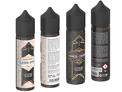 Four Black And Beige E Liquid Bottles With King's Crown Labels And Glazed Donut Design 3d model