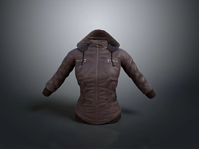 Casual Brown Hooded Leather Jacket With Zipper Closure And Pockets For Everyday Wear 3d model