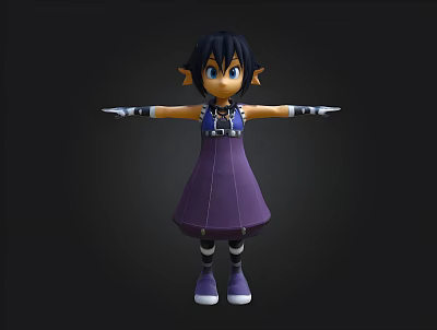 3D Anime Girl with Short Black Hair Blue Eyes Purple Dress Outstretched Arms Black Background 3d model