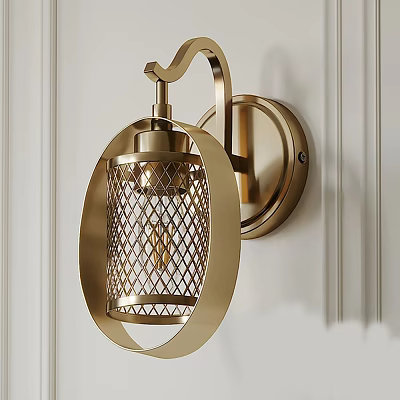 Elegant Brass Wall Sconce With Metal Mesh Design On White Wall 3d model