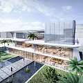 Modern Sales Office Building Architectural Design With Glass Facade Palm Trees And Water Features