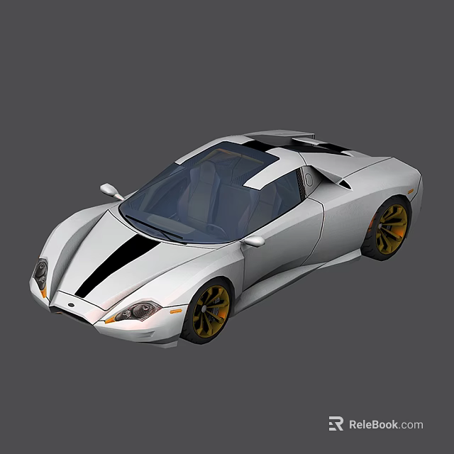 Silver Sports Car With Black Stripes Gold Wheels And Sleek Aerodynamic Design 3d model 