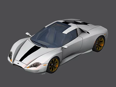 Silver Sports Car With Black Stripes Gold Wheels And Sleek Aerodynamic Design 3d model