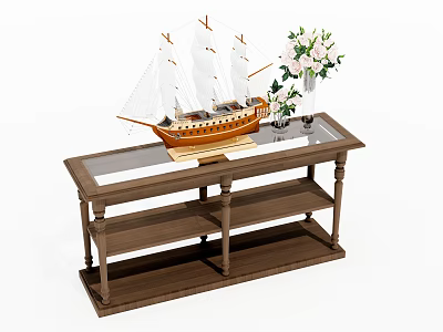 Wooden Coffee Table with Glass Top Featuring Sailing Ship Model and White Flower Vase 3d model