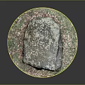 Natural Wood and Stone Material Display with Moss Covered Surface and Grass Surroundings