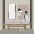 Wooden Cushioned Bench in Minimalist Entryway With Mirror Pegboard Hanging Bag and Shoes