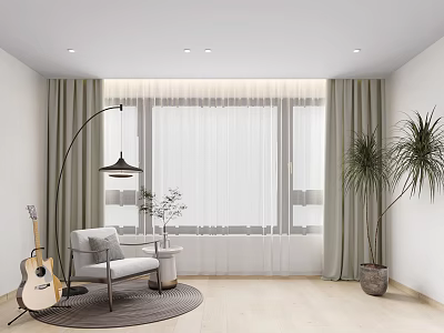 Light Green Curtains With Sheer Panels In Modern Living Room Large Window 3d model