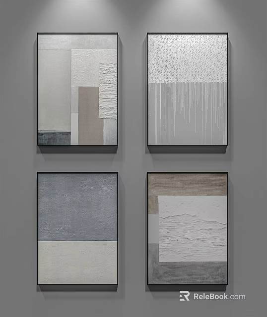 Framed Abstract Paintings In Neutral Tones With Geometric Textures On Wall 3d model