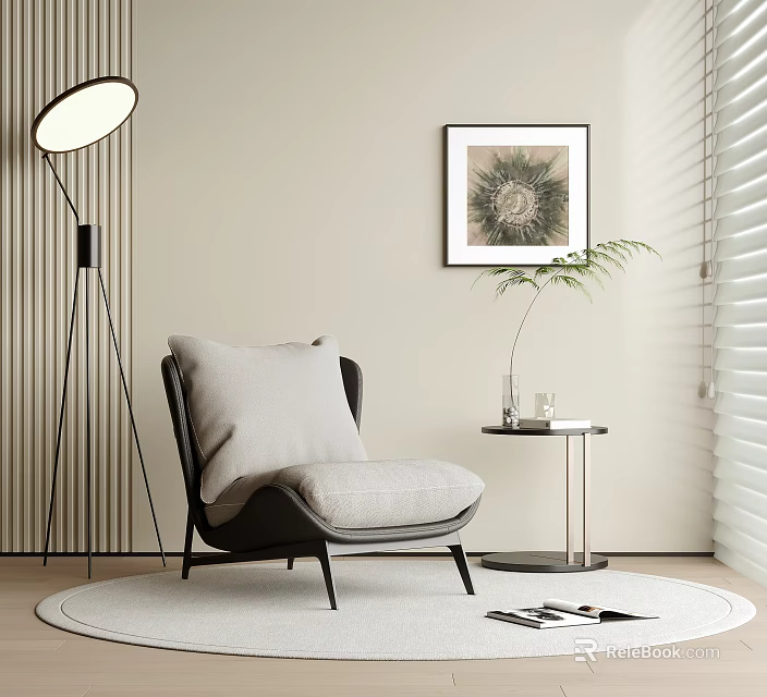 Modern Minimalist Leisure Chair Interior With Soft Cushion Floor Lamp Side Table And Wall Art 3d model 
