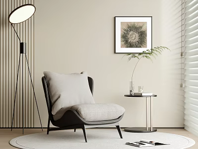 Modern Minimalist Leisure Chair Interior With Soft Cushion Floor Lamp Side Table And Wall Art 3d model