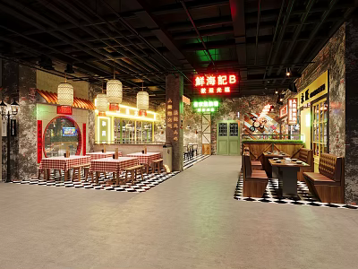 Spacious Chinese Restaurant Interior With Spicy Hot Pot Signage Traditional Lanterns And Wooden Tables 3d model
