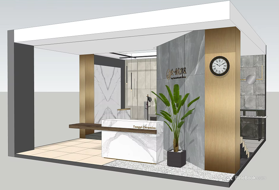 Modern Elegant Reception Area Interior With Marble Desk Green Plant And Wall Clock 3d model 