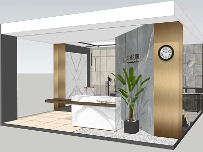 Modern Elegant Reception Area Interior With Marble Desk Green Plant And Wall Clock 3d model