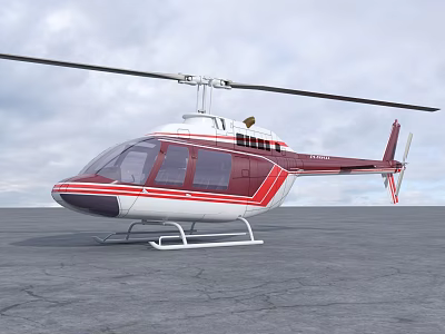 Red and White Helicopter Parked on Gray Ground with Cloudy Sky Background 3d model