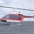 Red and White Helicopter Parked on Gray Ground with Cloudy Sky Background