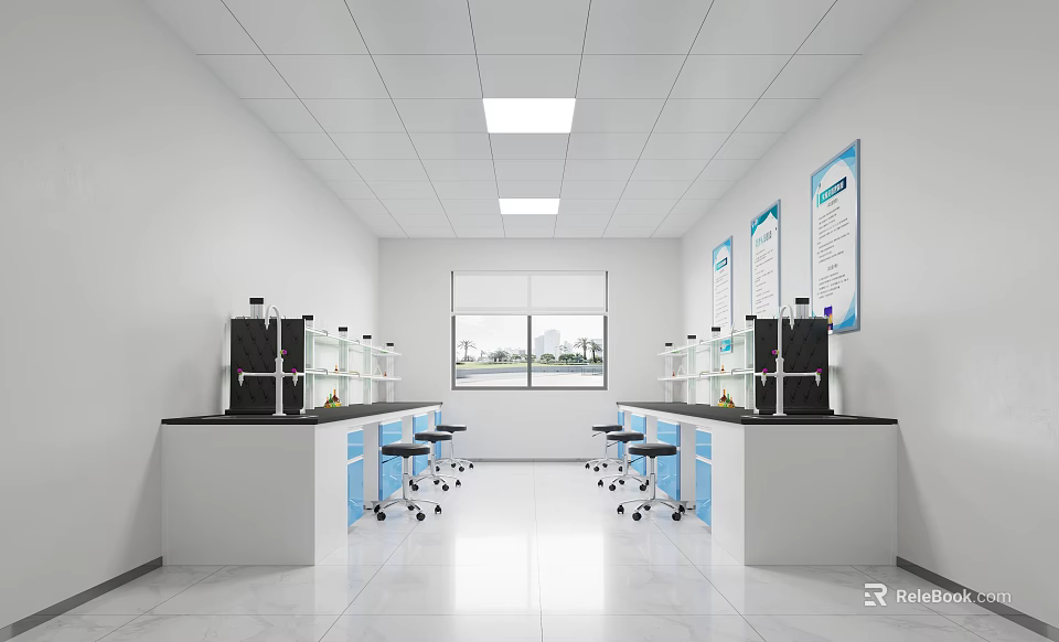 Modern Laboratory Interior Design With Lab Benches Chairs Windows And Lighting 3d model
