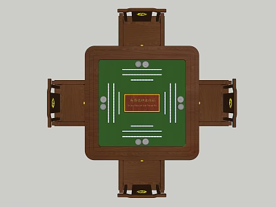Sturdy Wooden Entertainment Table With Green Felt Surface Surrounding Chairs And Game Markings 3d model
