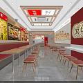 Bright Chinese Restaurant Interior With Red Walls Long Tables Red Seats And Food